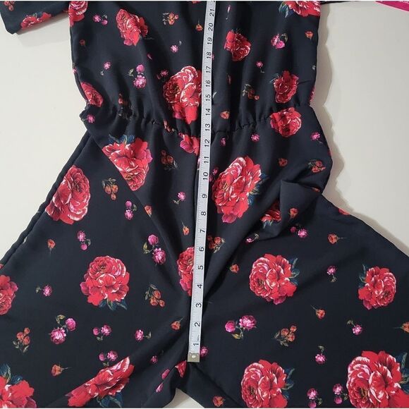 Xhilaration Women's Black Red Floral Cold Shoulder One Piece Ruffle Jumpsuit - Picture 9 of 16